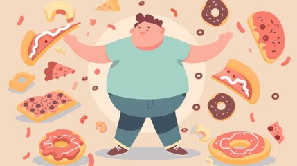 Fat figure, surrounded by pizza and donuts, flat design illustration