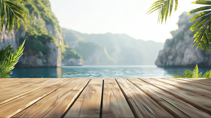 Tranquil wooden podium by a serene forest lake