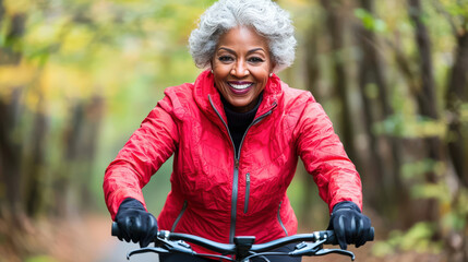 Naklejka premium Happy senior woman cycling outdoors in autumn park
