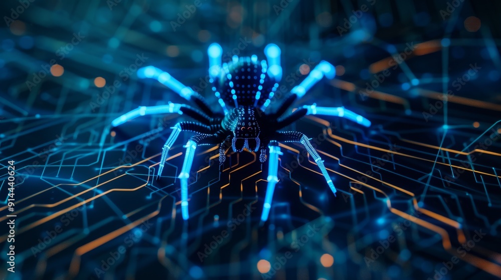 Poster a menacing robotic spider crawls across a circuit board, symbolizing cyber security threats, data br