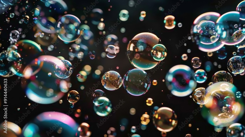 Poster a mesmerizing image of colorful bubbles floating in the air against a black background. the bubbles 