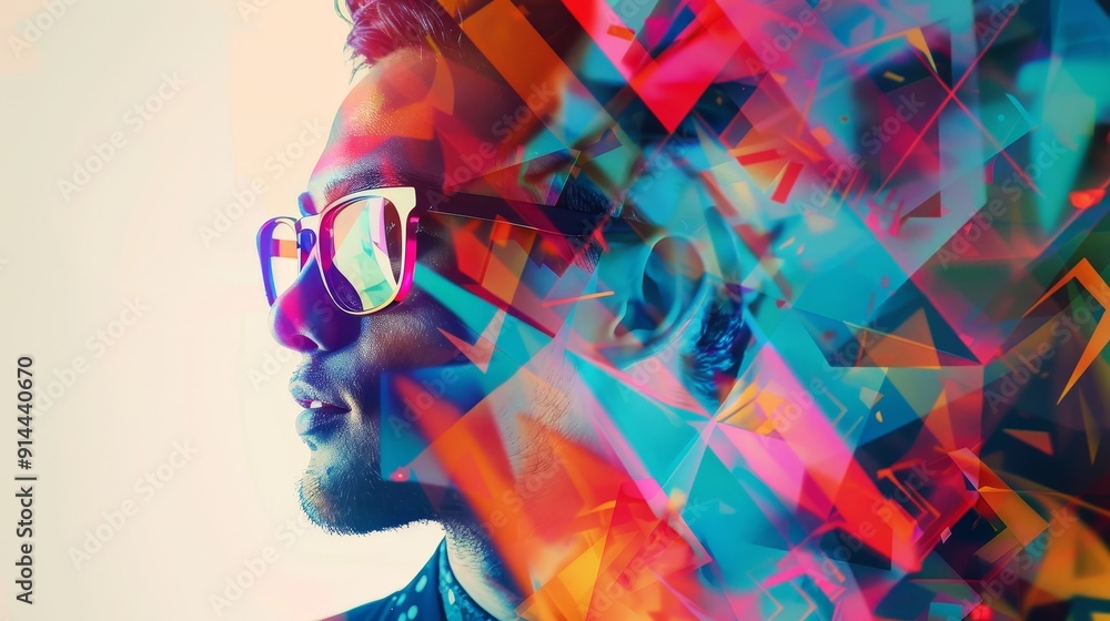 Poster a man's profile is shrouded in a vibrant abstract pattern of overlapping geometric shapes, suggestin