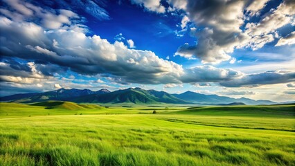 Wide expanse of lush green grassland landscape meadow with clear skies, clouds, and mountains in the distance, Meadow, Grassland