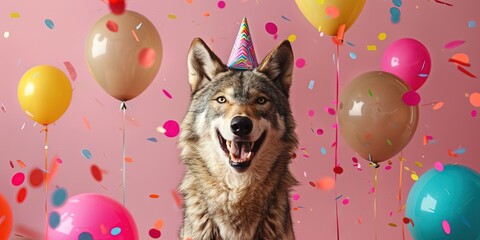 happy wolf, party hat, balloons, confetti, solid background, copy space 