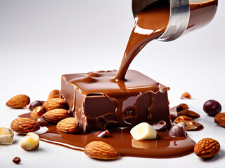 Flowing of dark melted chocolate on piece of solid chocolate