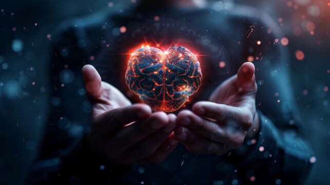A person holds a glowing brain shaped like a heart, symbolizing the power of intellect, compassion, and the connection between mind and emotion.