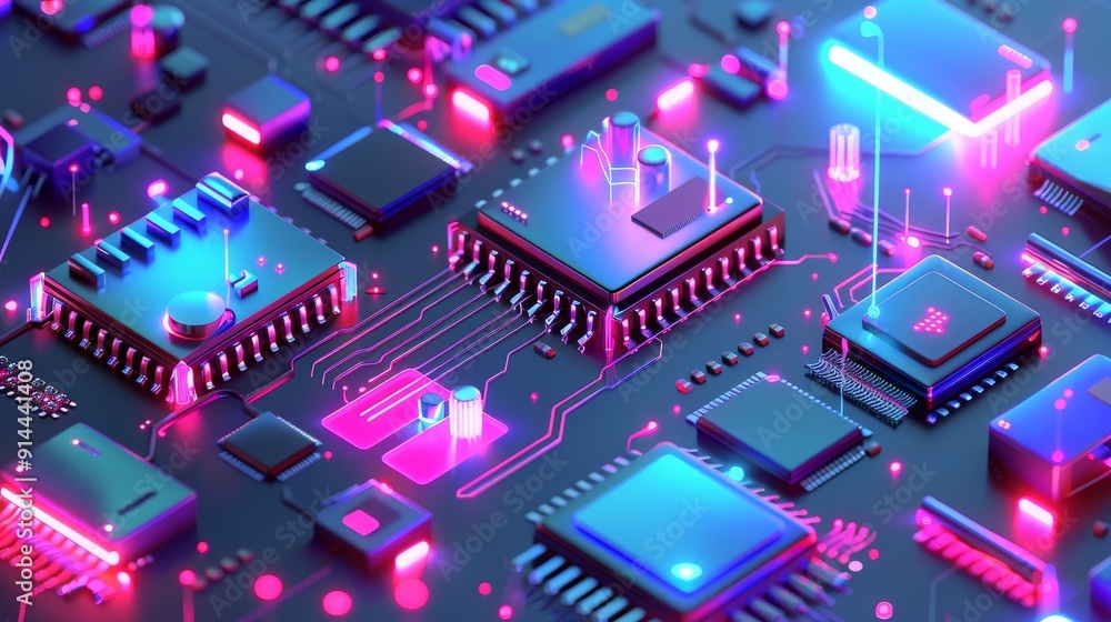 Poster a close-up of a circuit board with glowing microchips and wires. the image is rendered in vibrant bl
