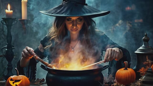 Halloween scene. A scary witch brews her potion in a cauldron for Halloween.