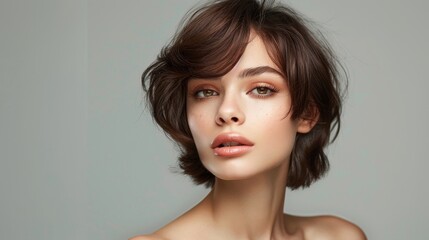 Fototapeta premium A portrait of a beautiful young woman with short brown hair and natural makeup. Her eyes are looking directly at the camera with a captivating gaze. She is wearing no jewelry or accessories, focusing 