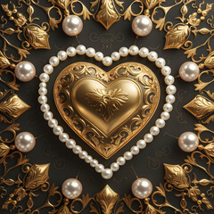 A gold heart surrounded by pearls on a black background