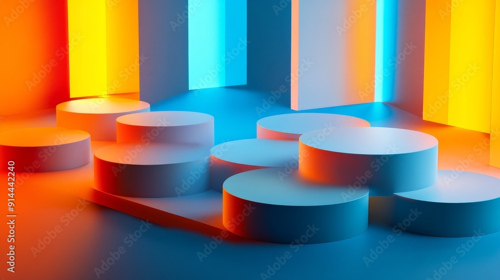 Poster abstract colorful neon lights illuminate a white platform with circular steps.