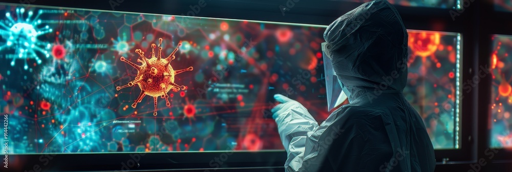 Poster a scientist in protective gear examines a digital screen displaying various viral structures, highli