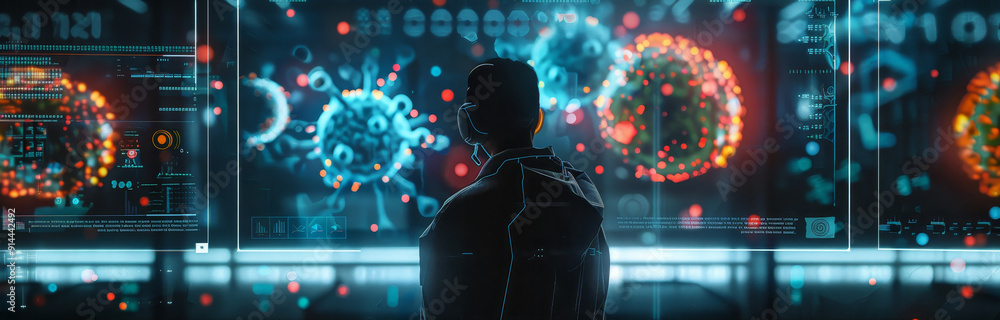 Poster a scientist stands in front of a digital screen displaying 3d models of viruses, symbolizing researc