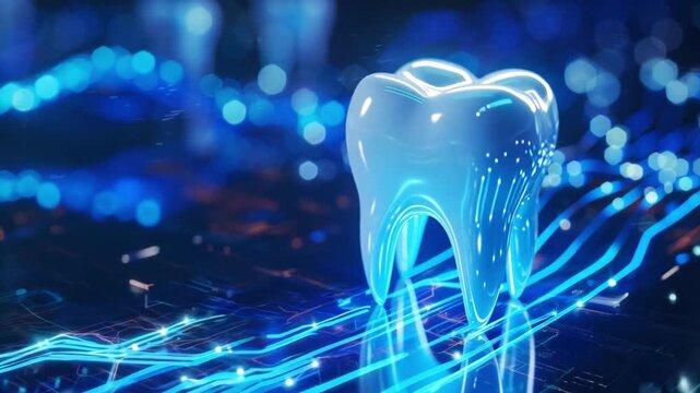 Tooth 3d model on digital blue background with free space. Dental innovations and technologies