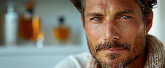 Stylish male model presenting perfume, white backdrop, soft natural lighting