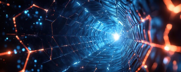 Futuristic tunnel with hexagonal grids, luminous light sources, scifi energy flow, abstract tunnel background,
