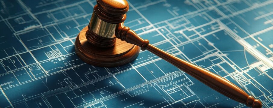 Judges gavel resting on a blueprint, symbolizing construction and justice, law and order