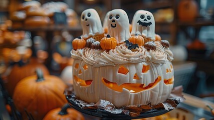 Halloween Pumpkin Cake with Ghost Decoration