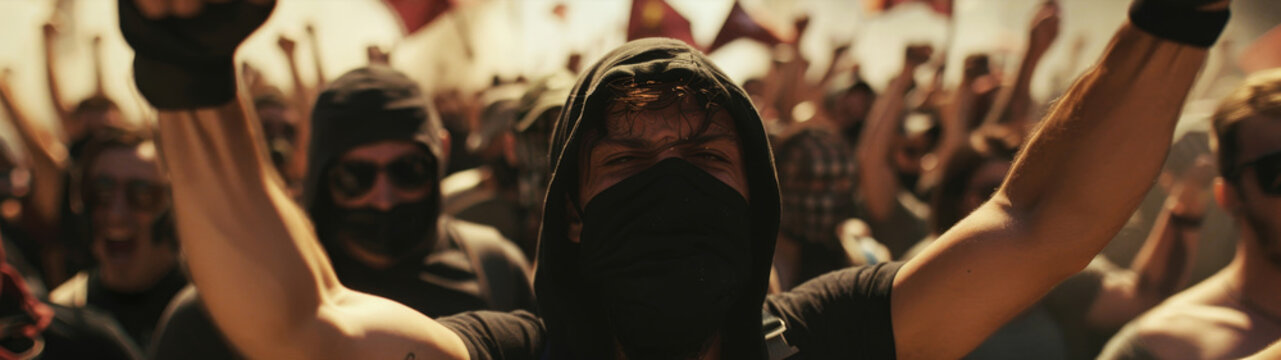 A single protester raises their fist in the air, covered in a black mask and hooded sweatshirt, surrounded by other anonymous figures in a crowd.