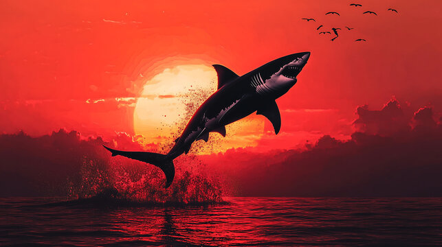 great white shark leaping out of the water at sunset, creating an epic silhouette against a vibrant red sky