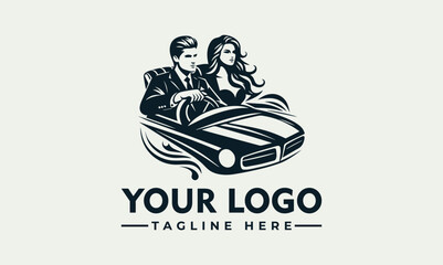 Vector logo design of man and woman driving a car. Suitable for automotive, travel, retro, and vintage themed designs.