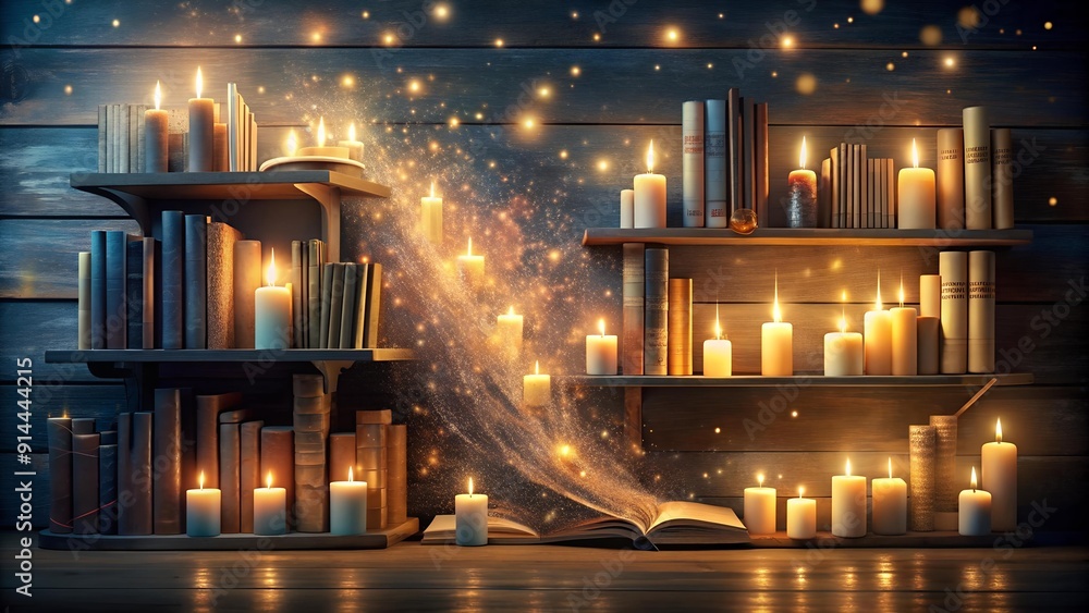 Poster enchanted bookshelf glow generative ai