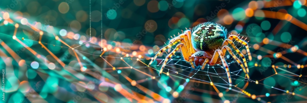 Aufkleber a spider sits in the center of a web with a blurred background of colorful bokeh lights, symbolizing