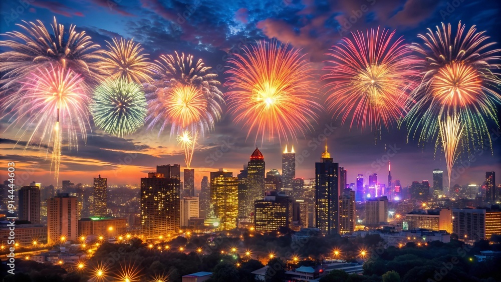 Poster celestial symphony: a fireworks display illuminating the urban tapestry ai generated