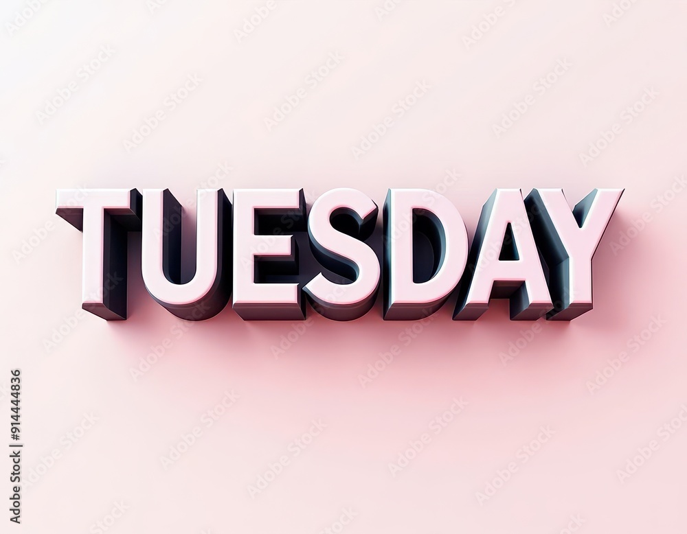 Poster 3d bold text displaying 'tuesday' with a soft pastel background.