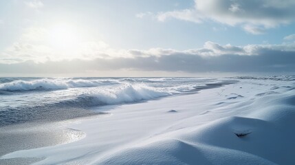 Soft waves roll onto a pristine beach blanketed in snow, under a serene sky lit by the morning sun