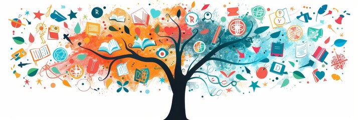 A stylized tree with colorful branches, symbolizing knowledge, learning, growth, creativity, and innovation.