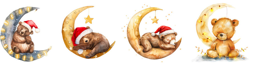 Set of happy bear wearing Christmas hat sleeping on the moon isolated on transparent background