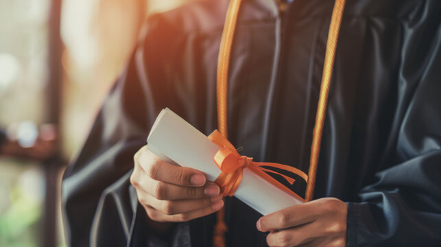 Graduate Proudly Holding Diploma During Commencement Ceremony Celebrating Academic Achievement in Late Afternoon Light