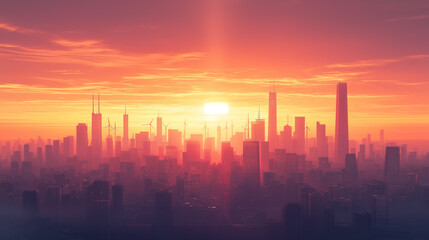 A city skyline with a large building in the background