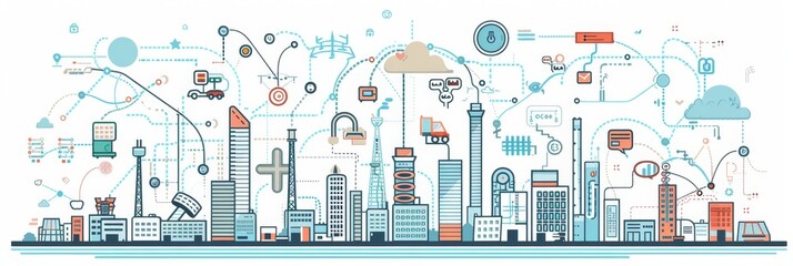 A vibrant city skyline, connected by a network of lines, symbolizing communication, technology, data flow, and interconnectedness. Modern buildings and icons represent industries, transportation, and 