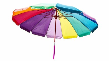 A vibrant beach umbrella with a rainbow of colors providing shade and a joyful atmosphere, symbolizing relaxation, summer fun, protection, vibrant energy, and carefree living.