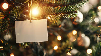 Festive Holiday Decorations Featuring Empty Business Card Hanging From Christmas Tree Branches
