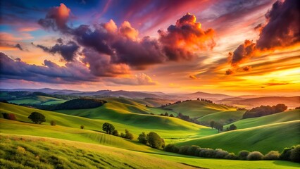 Fototapeta premium A Symphony of Hues: A Sunset Over a Rolling Hillside Generative AI