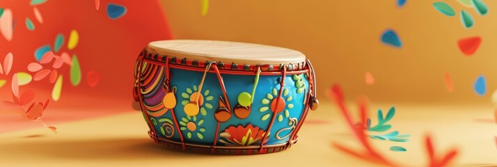 A vibrant hand-painted drum with floral motifs, symbolizing music, culture, art, creativity, and celebration.