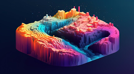 Abstract virtual isometric terrain with mountains. Slice of topographic ground with peaks.