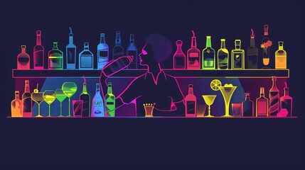 A vibrant, minimalist illustration of a bartender mixing drinks at a bar, surrounded by colorful bottles and glasses. This symbolizes nightlife, cocktails, and the art of mixology.