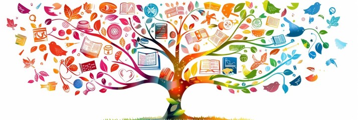 A vibrant tree with colorful branches adorned with symbols of knowledge, growth, and creativity, representing the interconnectedness of learning and the power of imagination.