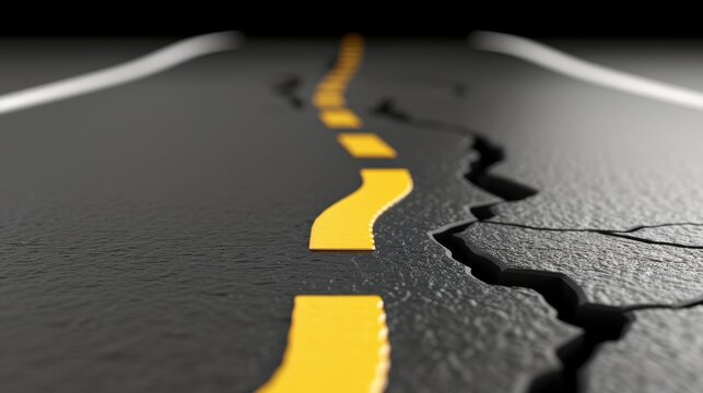 A cracked asphalt road with a yellow dividing line. The road is dark and the cracks are deep.