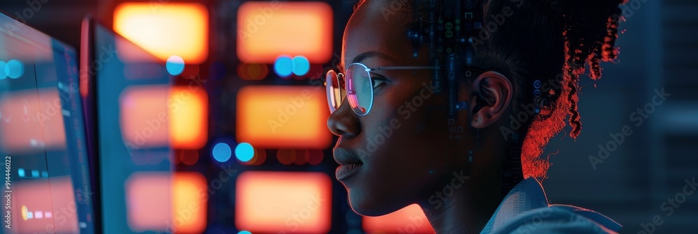 Poster a woman intently focused on a computer screen, surrounded by a backdrop of server racks and glowing 