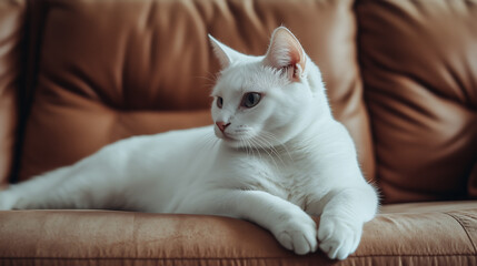 white cat lies on the sofa, captured in high definition photography