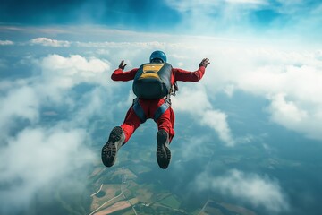 A man in a red jumpsuit is flying through the air with a yellow backpack. The sky is cloudy and the man is in mid-air