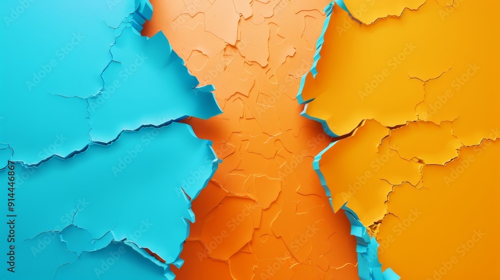 Poster abstract background with torn blue and orange paper. the colors contrast creating a unique and dynam