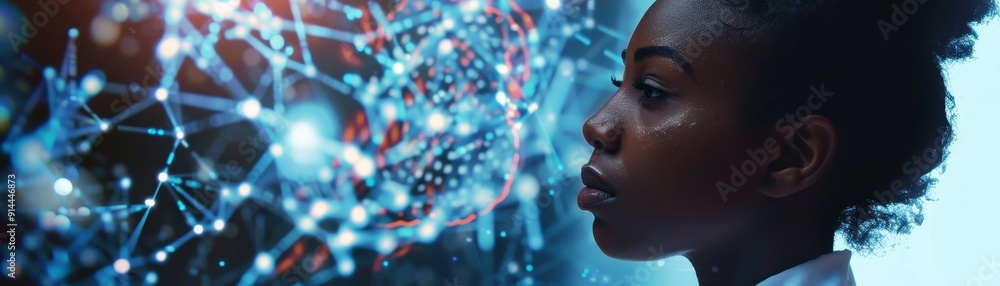 Poster a woman with a focused expression looks at an abstract network of data and technology, symbolizing i
