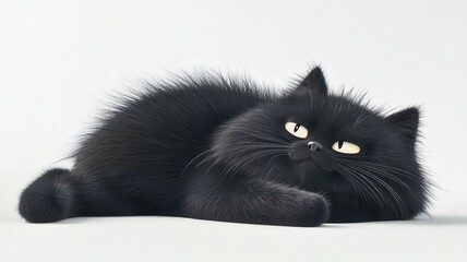 A fluffy black cat lounging comfortably, showcasing its unique features and captivating eyes in a serene, minimalist setting.