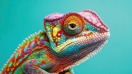 Obraz premium A vibrant, curious chameleon displays its colorful skin in this close-up photo, showcasing stunning patterns and intricate textures